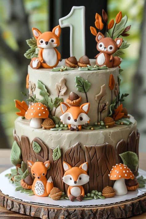 25 1st Birthday Cake Ideas for Your Little One's Big Day Woodland Birthday Party Cake, 1year Birthday Cake, Cake 1 Year, 1st Birthday Cake Designs, Woodland Cakes, Woodland Characters, Paisley Cake, Fondant Numbers, 1st Birthday Cake Ideas