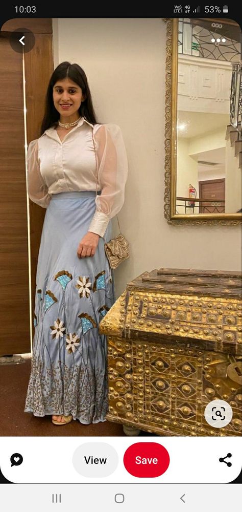 Chaniya With Shirt, Satin Shirt And Skirt Indian Outfit, Blouse With Organza Sleeves, Puffed Sleeve Shirt Outfit, Puffed Hands Blouse, White Top Blue Skirt, White Shirt With Lehenga, Shirt Skirt Outfit Indian, Organza Sleeves Style Blouse