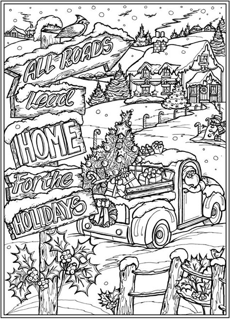 trucks, truck digis, winter truck, all road lead home truck, Detailed Christmas Coloring Pages, Christmas Adult Coloring Pages, Dover Publications Coloring Pages, Christmas Coloring Pages For Adults, Coloring Pages Christmas, Christmas Coloring, Fantastic Cities Coloring Book, Modele Zentangle, Dover Publications Coloring