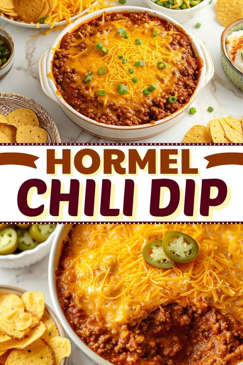 This Hormel chili dip is the perfect appetizer for the big game. It's cheesy, delectable, and only takes 5 minutes to make. Hormel No Bean Chili Dip, Hormel Chili Cheese Dip With Rotel, Chili Dip With Cream Cheese, Hormel Chili Dip, Chilli Cheese Dip, Hormel Chili Cheese Dip, Chili Cheese Dip Crockpot, Chili Dip Recipes, Cheese Dip Crock Pot