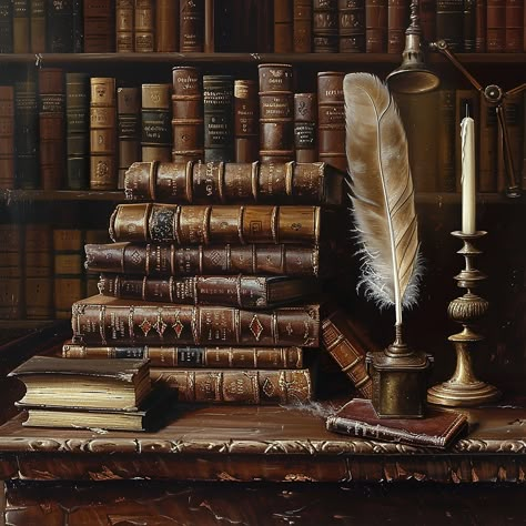 Inspired by Willem Calesz, "Antique Wisdom" captures the timeless beauty of a classic library, showcasing a collection of aged books stacked meticulously on an ornate wooden desk. The rich, warm tones of the leather-bound volumes, the delicate feather quill, and the elegant candlestick evoke a sense of scholarly pursuit and intellectual heritage. The detailed textures and interplay of light and shadow bring the scene to life, inviting viewers to delve into the world of literature and history. Th Old Literature Aesthetic, Art & Literature, Cozy Library Aesthetic, Old Library Aesthetic, Still Life Book, Vintage Books Aesthetic, Book Oil Painting, Vintage Library Aesthetic, Vintage Artifacts