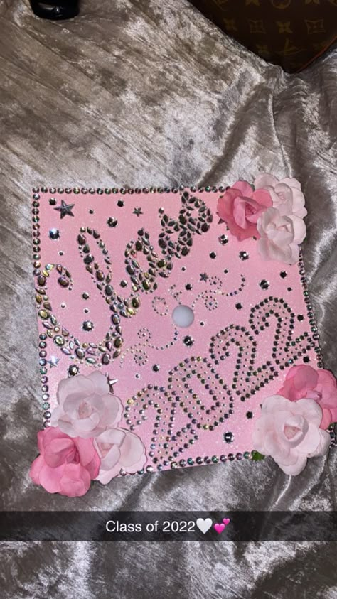 Graduation Cap Class Of 2023, Grad Cap Ideas Baddie, Sparkly Cap For Graduation, Pink Rhinestone Grad Cap, Sharply Evans Graduation Cap, Pink Decorated Graduation Caps, Class Of 2023 Cap Ideas, Boujee Graduation Cap, Mean Girls Grad Cap