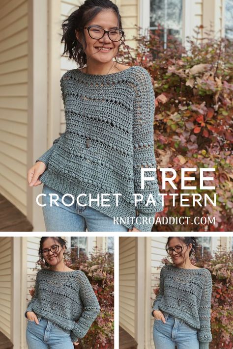 Free crochet sweater pattern using a bead stitch. Includes women's sizes XS-XXL. Crochet Puff Stitch Sweater, Crochet Projects With Size 5 Yarn, Free Crochet Patterns For Sweaters For Women, Crochet Boatneck Sweater Pattern Free, Ladies Crochet Sweater Patterns, Womens Crocheted Sweaters, One Piece Crochet Sweater, Sport Weight Crochet Sweater, Crochet Cotton Sweater Pattern Free