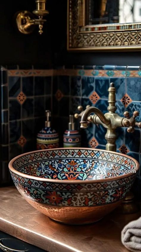 Moroccan Style Bathroom, Moroccan Inspired Bathroom, Boho Style Bathroom, Moroccan Bathroom, Bathroom Accent Wall, Bathroom Artwork, Unique Tile, Stunning Bathrooms, Home Decor Crate