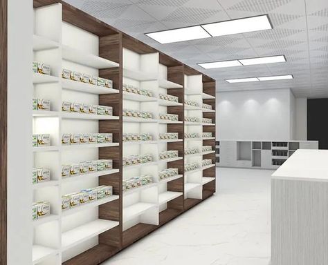 Four vertical planks of dark wood spaced three feet apart with white to clear colored shelves in between. On the shelves are boxes of medicines Pharmacy Shelf Design, Pharmacy Shop Design, Pharmacy Storage, Pharmacy Shelves, Pharmacy Medicine, Pharmacy Design, Diy Tray, Glass Cabinets Display, Perfume Tray