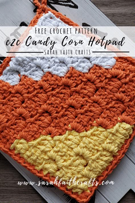 Free Crochet Pattern: c2c Candy Corn Hot Pad | Sarah Faith Crafts - Free Knitting and Crochet Patterns Crochet Halloween Potholders, Crochet For The Home Free Patterns, Free C2c Crochet Pattern, Thanksgiving Crochet, C2c Crochet Pattern, Holiday Crochet Patterns, Crochet Potholder, Crochet Potholder Patterns, Crochet Hot Pads