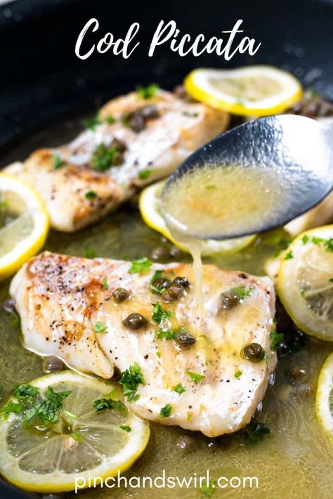 Cod Piccata Cod Fish Recipes With Capers, Cod With Capers Recipes, Cod With Lemon Butter Caper Sauce, Cod Pieces Recipe, Cod Picatta, Fish With Capers, Cod Piccata Recipe, Cod Piccata, Butter Caper Sauce