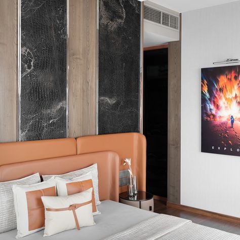 This bold eclectic style bedroom showcases a perfect harmony of contrasting elements, where style meets sophistication. The striking black leather wall panel, enriched with veneer detailing, adds a touch of modern luxury, while the rust orange bed back infuses the room with warmth and vibrancy. The unique combination creates an inviting ambiance that exudes both confidence and elegance, making this space truly unforgettable. Every design choice in this room reflects a commitment to bold creat... Eclectic Style Bedroom, Orange Bed, Leather Wall Panels, Bold Eclectic, Leather Wall, Bed Back, Style Bedroom, Rust Orange, Perfect Harmony