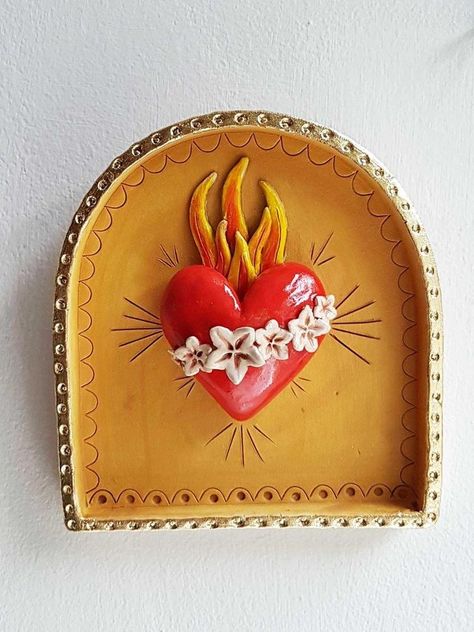 Ceramic Art Wall, Wall Shrines, Mexican Folk Art Decor, Sacred Heart Art, Shrines Art, Flaming Heart, Sacred Hearts, Mexican Crafts, Air Dry Clay Projects