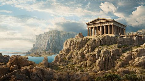 AI generated Ancient ruins on rock by sea. Greek or Roman city on a Mediterranean landscape. Gc Photo, Ancient Greek Temple, Greek Landscape, Character Moodboard, Mediterranean Landscape, Greek Temple, Roman City, Mediterranean Landscaping, Tree Saw