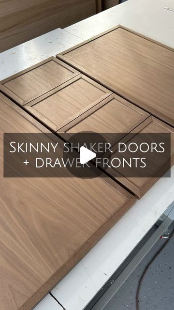 Natalie Park | DIY, Builds & Design on Instagram: "The skinny shaker style doors and drawer fronts are officially assembled for this walnut vanity! 😍 I’m in LOVE. What do you think?! 

The stiles and rails are solid walnut ripped down to 3/4” in width (and they’re 7/8” thick) and the center panel is 3/4” walnut veneered plywood. This leaves the perfect little lip to create the skinny shaker look! All the corners are mitered too so it looks 🤌🏼✨

Since the stiles and rails are so skinny and almost like trim, I used wood glue to assemble these doors and drawer fronts and clamped them with miter pin clamps and regular clamps until the glue fully dried. I made sure everything was laying perfectly flat and flush on the backside. 

We’re choosing the finish color soon for this custom walnut va Cnc Kitchen Cabinets, Types Of Cabinet Door Styles, Flat Kitchen Cabinet Doors, Flat Front Kitchen Cabinets, Flush Cabinet Doors, Flat Cabinet Doors, Types Of Cabinet Doors, Diy Shaker Cabinet Doors, Slim Shaker Cabinet