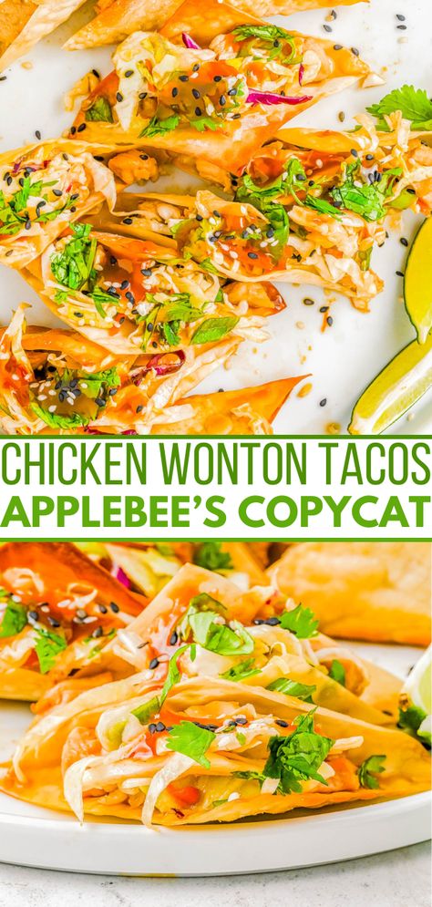 Copycat Applebee's Chicken Wonton Tacos — Crispy, crunchy wonton wrappers are filled with succulent teriyaki chicken and topped with sesame ginger coleslaw to create the best ever chicken wonton tacos! This is a homemade version of Applebee's wonton tacos, but fresher and tastier. If you love Asian-fusion recipes, you�’re going to love these tacos! Copycat Applebee's Chicken Wonton Tacos, Applebees Chicken Wontons, Wrapper Recipes, Chicken Wonton Tacos, Best Ever Chicken, Wonton Wrapper Recipes, Wonton Tacos, Asian Fusion Recipes, Chicken Wontons