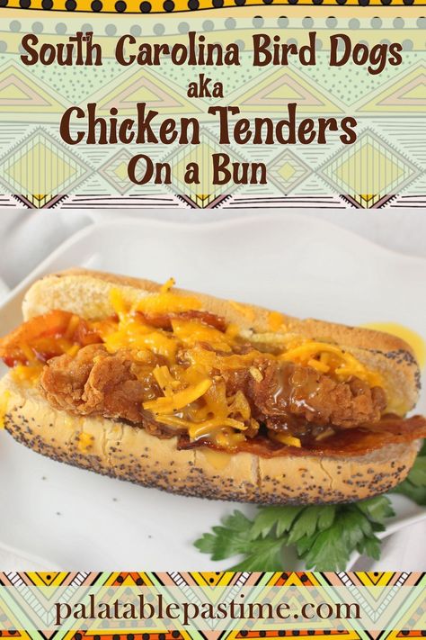 South Carolina Bird Dogs are a Southern twist on a hot dog, exchanging the usual frankfurter with a crispy chicken tender with bacon. via @suelau1 Bird Dog Sandwich, Crunchy Chicken Tenders, Flexitarian Recipes, Honey Mustard Dipping Sauce, Crispy Chicken Tenders, Chicken Tender, Bird Dog, Southern Fried Chicken, Chicken Tender Recipes