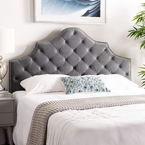 Pewter Velvet Upholstered Tufted Headboard - Silver Nailhead (Queen) Grey Modern Contemporary Traditional Polyester Stainless Steel Brass Finish Velvet Tufted Headboard, Open Frame Headboard, Upholstered Panel Headboard, Tufted Upholstered Headboard, Metal Headboard, Velvet Headboard, Slatted Headboard, Furniture Room, Hotel Suite