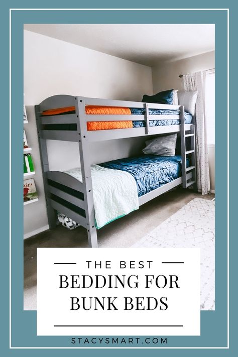 The Best Bedding for Bunk Beds - Stacy Smart Bedding For Bunk Beds For Kids, Bunk Beds Simple, Kids Bedding Bunk Beds, Beddys Bedding Bunk Beds, Comforter For Bunk Beds, How To Style Bunk Beds, Bunk Bed Comforter Ideas, Bunk Bed Bedding Ideas, Boys Bunk Beds Room Ideas