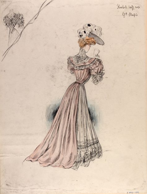 Highly fashionable walking dress - sketch (Summer collection of 1904, Jeanne Paquin). The light, feminine colour and the elaborate use of lace trimmings and tiers emulate contemporary lingerie techniques, considered very luxurious and daring at the time. Costume Renderings, Jeanne Paquin, Walking Dress, Fashion Illustration Collage, Mens Fashion Illustration, Dress Illustration, Mens Fashion Wedding, 20th Century Fashion, Afternoon Dress