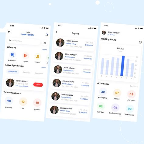 HR and Payroll App - Design Attendance App Ui Design, App Layout Ideas, Attendance App, Attendance Chart, Task Management App, Software Ui Design, Employee Id Card, App Ui Ux Design, Website Design Inspiration Layout