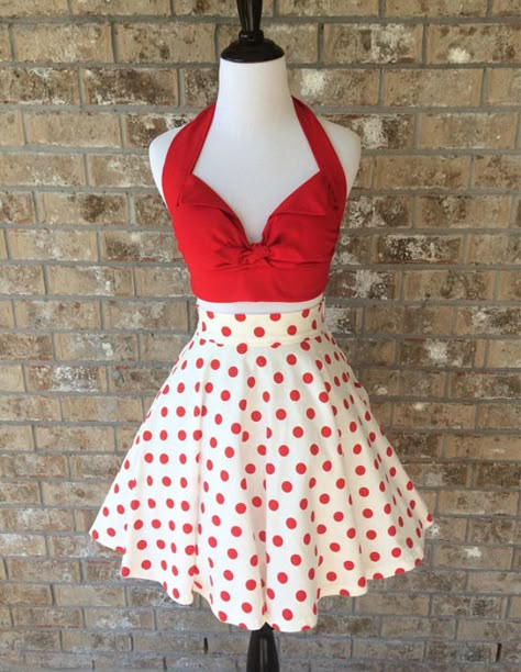 Handmade Solid Poppy Red Ava Halter Top & Polka Dot Circle Skirt 50s Style Aesthetic, Pinup Clothing, 1950s Skirt Outfit, 50s Dance Outfit, Red Retro Outfits, Pin Up Outfits Rockabilly, 1950s Pinup Fashion, 50s Clothes, Retro Outfits 50s