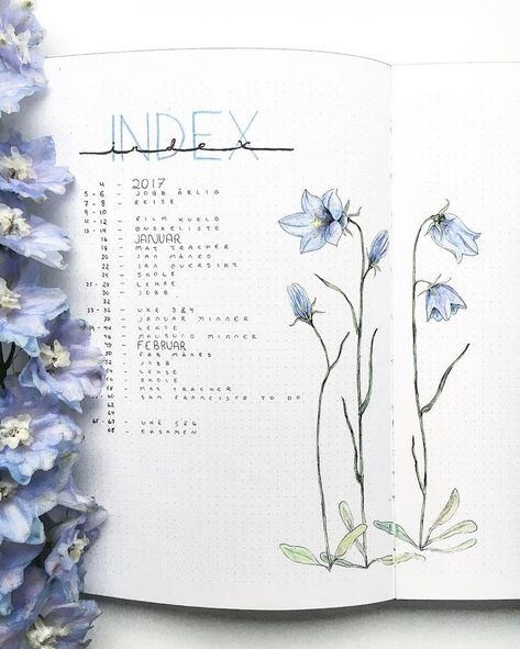 Check out this simple but elegant bullet journal index. Using simple, understated florals makes this spread pop. Journal D'inspiration, Bullet Journal Index, Bullet Journal Hacks, Bullet Journal Notebook, Dot Journals, Diary Ideas, Bullet Journal Themes, Bullet Journal Art, Journal Themes