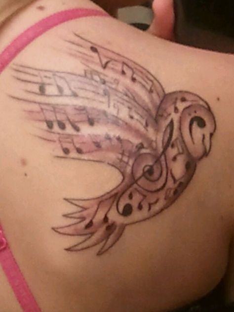 My owl/music tattoo. My two favorite things mixed to make one. Music Bird Tattoos, Bird Tattoo Collarbone, Tattoo Collarbone, Bird Tattoos Arm, Music Bird, Freedom Bird, Tattoo Music, Tattoo Bird, Sparrow Tattoo