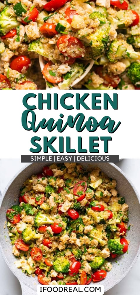 This Chicken Quinoa Skillet is an incredible recipe packed with flavor and nutrients. Every bite is so delicious and it’s pretty easy to make too! If you have about 30 minutes of time, you can make this tasty chicken quinoa skillet. So try it today and I know you’ll love it! Chicken Quinoa Recipes, Quinoa Skillet, Quinoa Recipes Dinner, Quinoa Recipes Easy, Power Bowl Recipe, Quinoa Recipes Healthy, Chicken Bowl Recipe, Chicken Fresh, Cooked Chicken Recipes