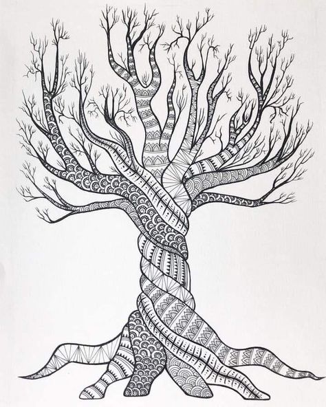 Zentangle Trees Ideas, Zentangle Trees Patterns, Tree Of Life Drawing Simple, Zentangle Tree, Zentangle Trees, Cool Nature Tattoos, Nature Tattoo Ideas, Doodle Art Letters, Cool Nature