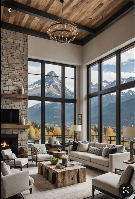 Mountain Home Living Room Ideas, Modern Ski House Decor, Modern Chalet Interior Design, Mountain House Interior Design, Modern Lodge Living Room, Warm Modern Interior Design, Mountain Modern Home Interiors, Modern Lodge Decor, Mountain Homes Interiors