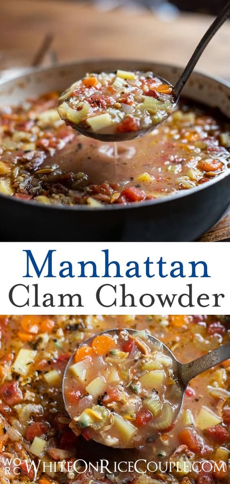 Best Manhattan Clam Chowder Recipe | WhiteOnRiceCouple.com Manhattan Clam Chowder Recipe, Clam Soup, Cream Based Soups, Manhattan Clam Chowder, Clam Chowder Recipe, New England Clam Chowder, Recipe Tomato, Fish Chowder, Seafood Diet