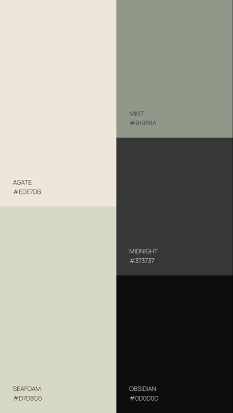 Cool Natural Color Palette, Black White Green Color Scheme, Muted Sage Color Palette, Soft Black Color Palette, Green Grey Beige Palette, Green Charcoal Color Palette, Green Aesthetic Colour Palette, Sage Palette Colour Schemes, Sage Green And Black Color Palette