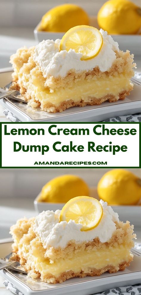 Craving a quick and tasty dessert? This Lemon Cream Cheese Dump Cake is a breeze to prepare, requiring minimal effort while delivering a burst of citrus flavor that the whole family will love. Lemon Cream Cheese Dump Cake, Lemon Dump Cake, Cream Cheese Dump Cake, Dump Cake Recipe, Lemon Cream Cheese, Lemon Cake Mixes, Creative Desserts, Refreshing Desserts, Dump Cake Recipes