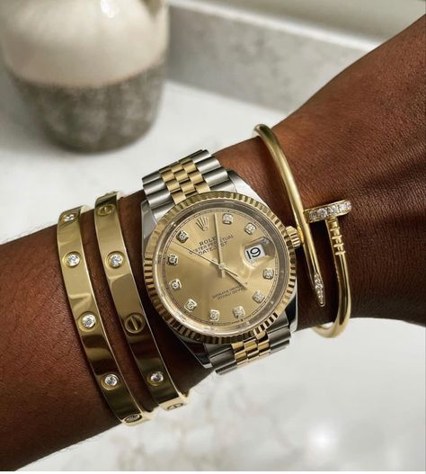 Rolex Black Women, Gold Rolex Aesthetic, Women’s Rolex Stack, Rolex And Cartier Bracelet, Cartier Watch Black Women, All Gold Rolex Women, Women’s Rolex Aesthetic, Woman’s Rolex Watch, Rolex Necklace Gold