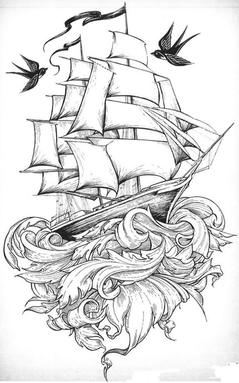 Pirate Tattoo, Sea Tattoo, Tattoo Old School, Nautical Tattoo, Ship Tattoo, Ship Drawing, Desenho Tattoo, Traditional Tattoos, Tat Ideas