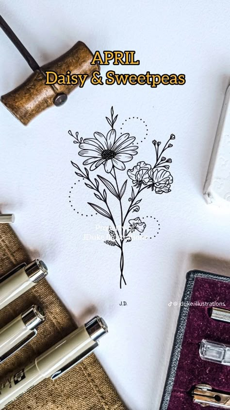 Daisy And Sweet Pea Tattoo Sleeve, Sweetpea And Daisy Tattoo, Daisy And Sweat Pea Tattoo, Daisy Fine Line Tattoo, Jordan Tattoo Ideas, Daisy And Sweet Pea Tattoo, Tattoo Ideas Hip, Fine Line Flowers, Daisy Sweet Pea