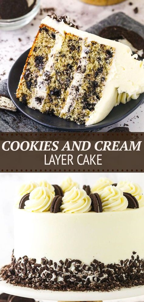 Three moist and fluffy layers of vanilla cake are loaded with Oreo cookie pieces and topped with creamy vanilla buttercream in this decadent Cookies and Cream Layer Cake! With more cookies decorating the top and sides of the cake, Oreo lovers will be in heaven. Decadent Cookies, Oreo Cookie Cake, Fluffy Layers, Cake Oreo, Chocolate Oreo Cake, Chocolate And Vanilla Cake, Moist Vanilla Cake, Cookies And Cream Cake, Sugar Recipes