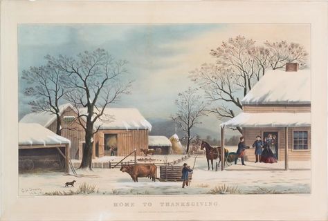 Home To Thanksgiving, Currier & Ives | Springfield Museums Charlotte Mason Picture Study, Thanksgiving History, Fresh Farmhouse, Thanksgiving Images, Vintage Thanksgiving, Currier And Ives, Free Art Prints, Holiday Postcards, Winter Art