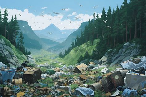 Waste in a mountain valley between green wooded hills. stock images Valley Green, Mountain Valley, Environmental Pollution, Green Wood, Ecology, Pollution, Stock Illustration, Vector Free, Stock Images