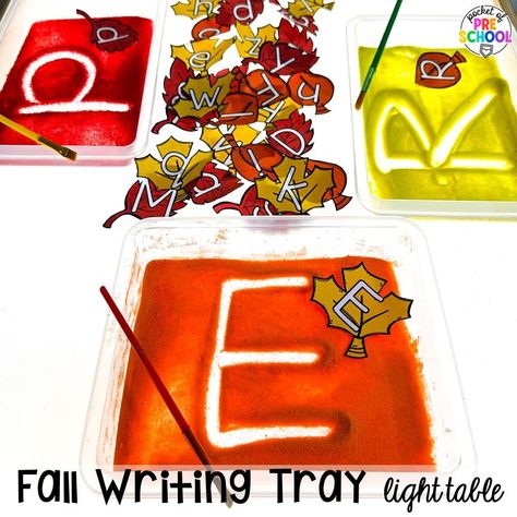 Fall writing trays plus Fall Light Table Activities designed for preschool, pre-k, and kindergarten students to learn and develop in a hands-on way. Creative Writing Preschool, October Literacy Activities Preschool, Fall Learning Centers Preschool, Pre Fall Activities, Fall Hands On Activities, Apple Light Table Activities, Writing Table Preschool Ideas, Fall Literacy Activities For Toddlers, Letter Recognition Activities Preschool Center Ideas