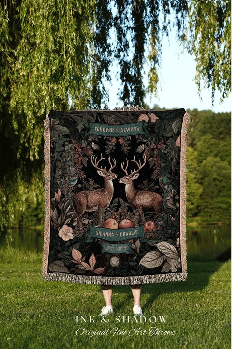 Dark Academia Deer Couple Blanket | Wedding Anniversary Throw Blanket Deer Couple Goblincore Wedding Astrology Personalized Throw Woodland | Wedding Astrology, Goblincore Wedding, Gothic Blanket, Dragon Blanket, Couple Blanket, Deer Couple, Blanket Wedding, Tapestry Blanket, Dark Cottagecore