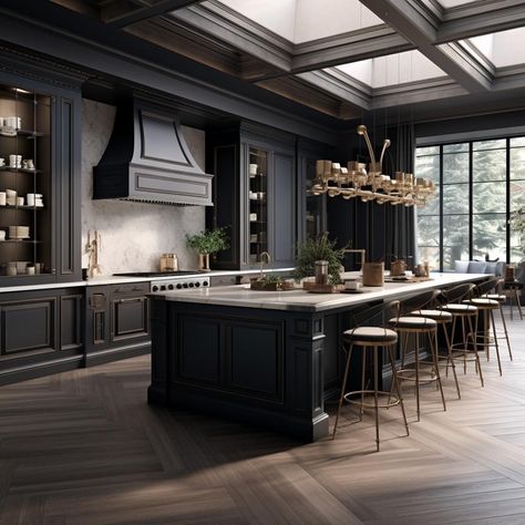 Dark Elegant Kitchen, Dark Floor House, High End Kitchens Luxury, Hades Palace, Hogan House, Luxury Black Kitchen, Kitchen Sanctuary, Elegant Kitchen Design, Fancy Kitchens