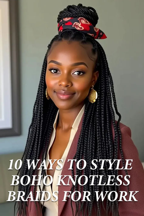 10 Ways to Style Boho Knotless Braids for Work Knotless Braids With Headband, Hairstyles For Boho Knotless Braids, Professional Braids For Work, Style Boho Knotless Braids, Style Your Knotless Braids, Braids For Work, Styles For Knotless Braids, How To Style Knotless Braids, Styling Knotless Braids