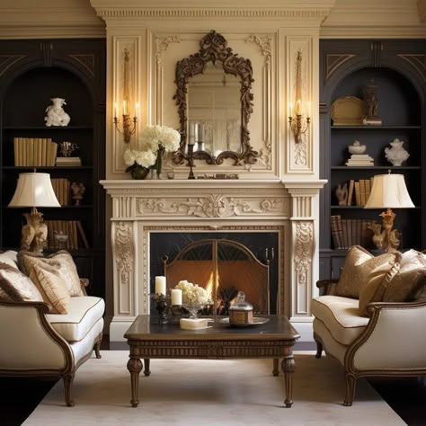 Wall Shelves With Fireplace, Book Case Next To Fireplace, Traditional Fireplace With Built Ins, Arch Built In Shelves Fireplace, Grand Fireplace Ideas Living Rooms, Fireplace Bookshelves Built In, Dark Academia Fireplace, Luxury Fireplace Living Room, Bookshelf Next To Fireplace