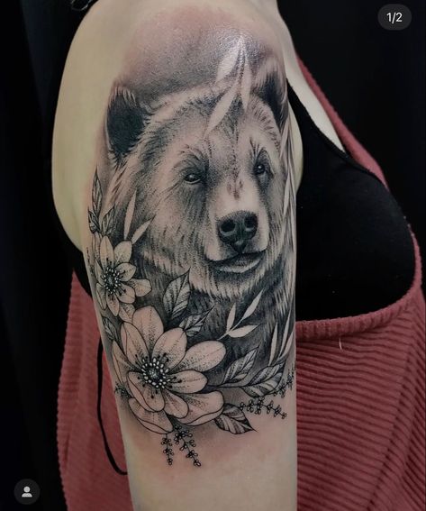 Bear Tattoo Mandala, Bear And Sunflower Tattoo, Bear Tattoos With Flowers, Mumma Bear Tattoo, Female Bear Tattoo, Brown Bear Tattoo For Women, Black Bear Tattoo Women, Bear Floral Tattoo, Bear Half Sleeve Tattoo