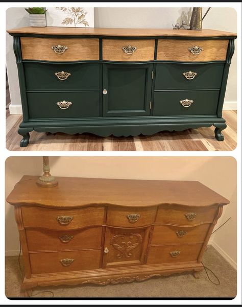 Refurbished Buffet Cabinet, Refurbished Buffet, Green Dresser, Custom Painted Furniture, Farmhouse Console Table, Refinishing Furniture Diy, Diy Furniture Renovation, Dresser Makeover, Furniture Painting