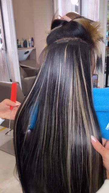 Blond Extensions On Black Hair, Highlighted Tape In Extensions, Black And Blonde Tape Ins, Faux Highlight Tape Ins, Highlights With Tape In Extensions, Tape In With Highlights, Highlights Tape Ins, Highlight Tape In Extensions, Tape In Styles Black Women