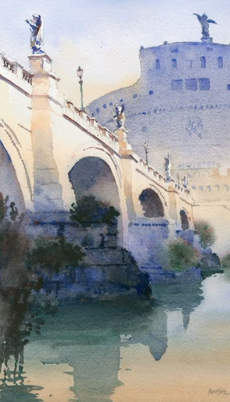 Ponte Sant'Angelo by Michael Reardon, watercolor painting. Michael Reardon, Thomas Schaller, Watercolor Architecture, Watercolor Lessons, Watercolour Inspiration, Diy Watercolor, Watercolor Art Lessons, Urban Sketching, Watercolor Inspiration