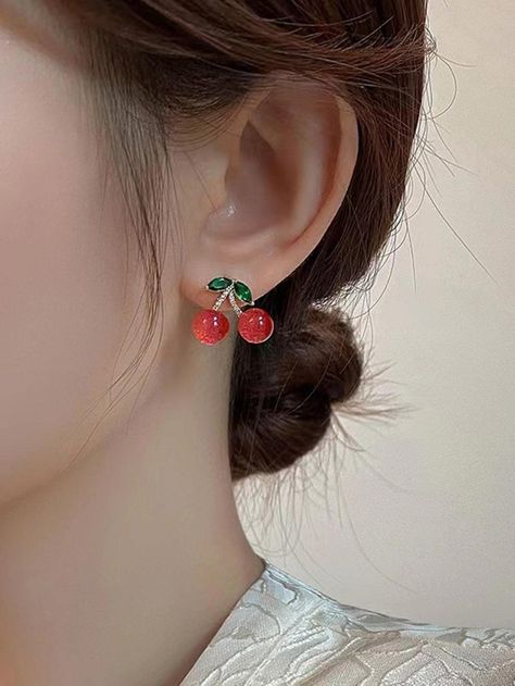 1pair S925 Silver Pin Red Cherry Fruit, Starry & Cat Eye Stone Dangle Earrings - Christmas Gift | SHEIN USA Starry Cat, Christmas Party Jewelry, Cherry Drop Earrings, Cute Ear Piercings, Cherry Earrings, Cherry Fruit, Stone Dangle Earrings, Cats Eye Stone, Red Cherry