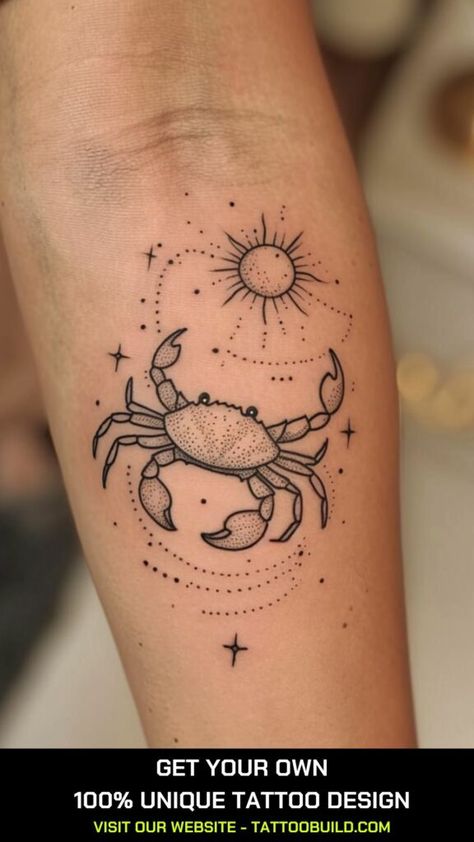 Crab Tattoo For Women, Crab Tattoo Design, Beach Tats, Star Sign Tattoo Ideas, Cancerian Tattoo For Women, Tight Tattoos, Cancerian Tattoo, Star Sign Tattoo, Relax Tattoo