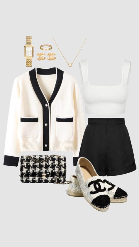 #outfitinspo #outfit #outfits #fashion #oldmoney #cleangirlaesthetic #fashion #fashioninspo Channel Outfits, Black Skirt Outfits, Black And White Outfit, Short Black Skirt, Outfit Short, Black White Outfit, Chanel Outfit, Outfit White, Classy Work Outfits