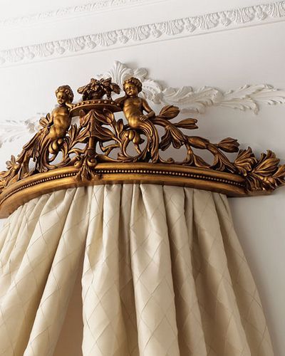 Bed Cornices I LOVE bed canopies and cornices.  I have been looking at inspiration recently to make my own bed cornice.  Here’s the deal, my… Ceiling Bed, Crown Wall Decor, Four Post Bed, Beautiful Bed Designs, Bed Crown Canopy, Canopy Bed Diy, Bed Crown, Wedding Canopy, French Bed