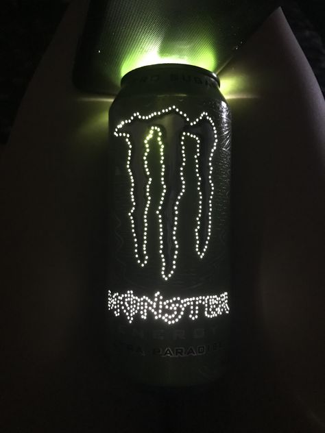 you can try making this by using a safety pin to poke the holes and after you're done with that, stick fairy lights in the can and you're done! Monster Can Light Holes, Monster Light Can, Monster Energy Diy, Monster Light, Monster Cans Diy, Stick Fairy, Energy Monster, Punk Room, Cute Fox Drawing